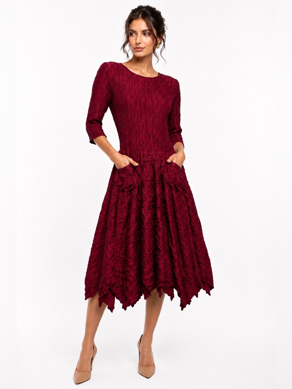 Alquema Crinkle Pleat Dress Wine Burgundy Pockets Handkerchief Hem Size 0 CKB059
